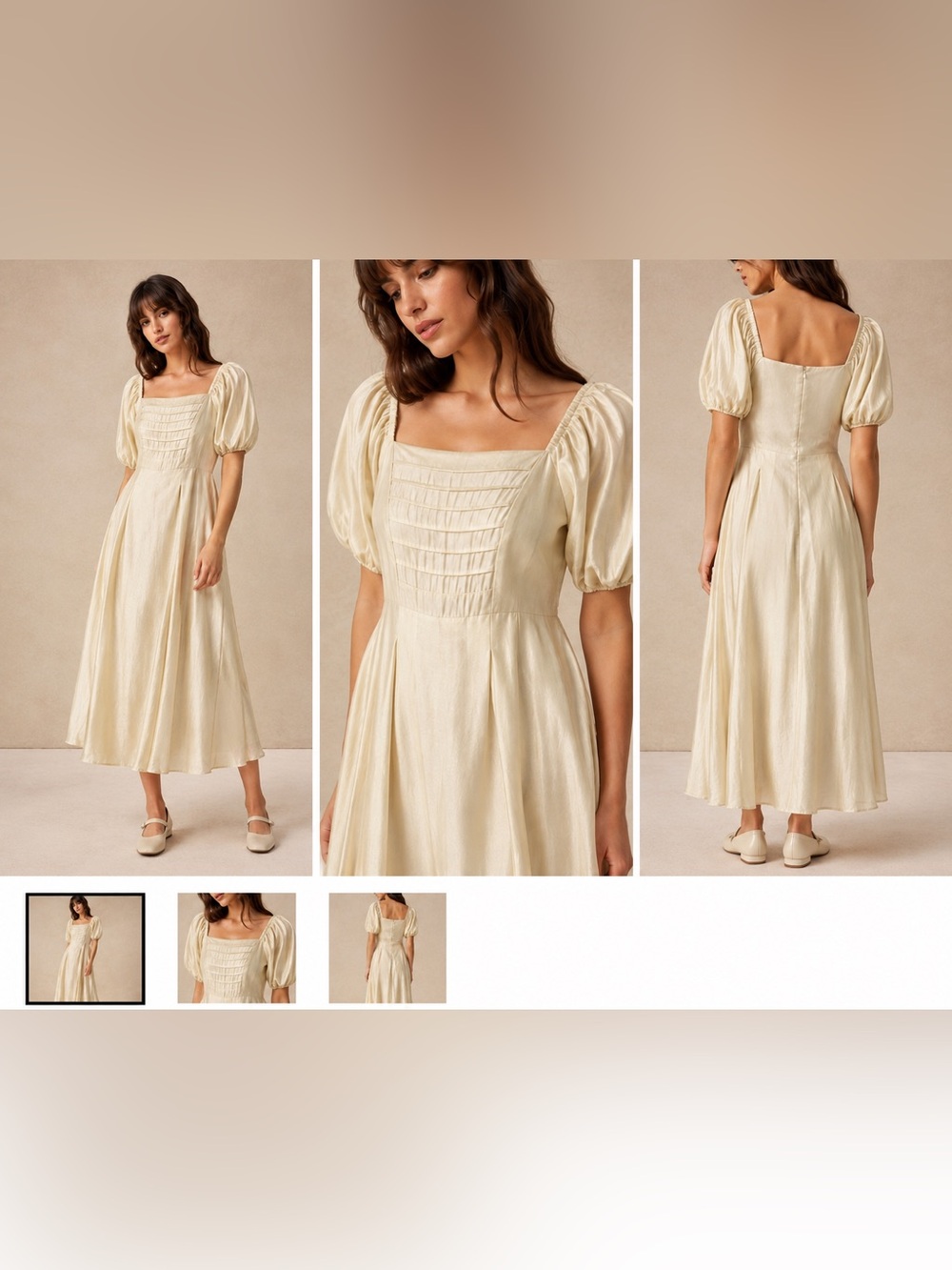 Square Neck Puff Sleeve Cream Midi Dress